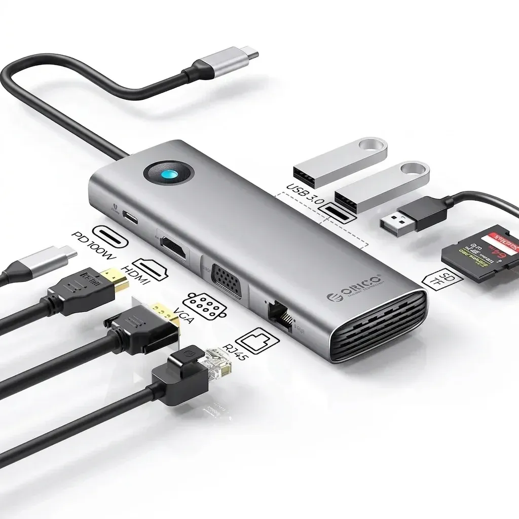 موزّع ORICO USB-C متعدد الوظائف 4K مع شحن سريع وشبكة RJ45